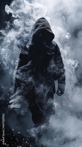 Mysterious Hooded Figure Enveloped in Dark Smoky Atmosphere Evoking Imagery of Death and the Grim Reaper