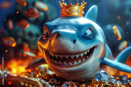 toon Shark mighty king of the ocean with crown on a treasure with money and diamonds photo