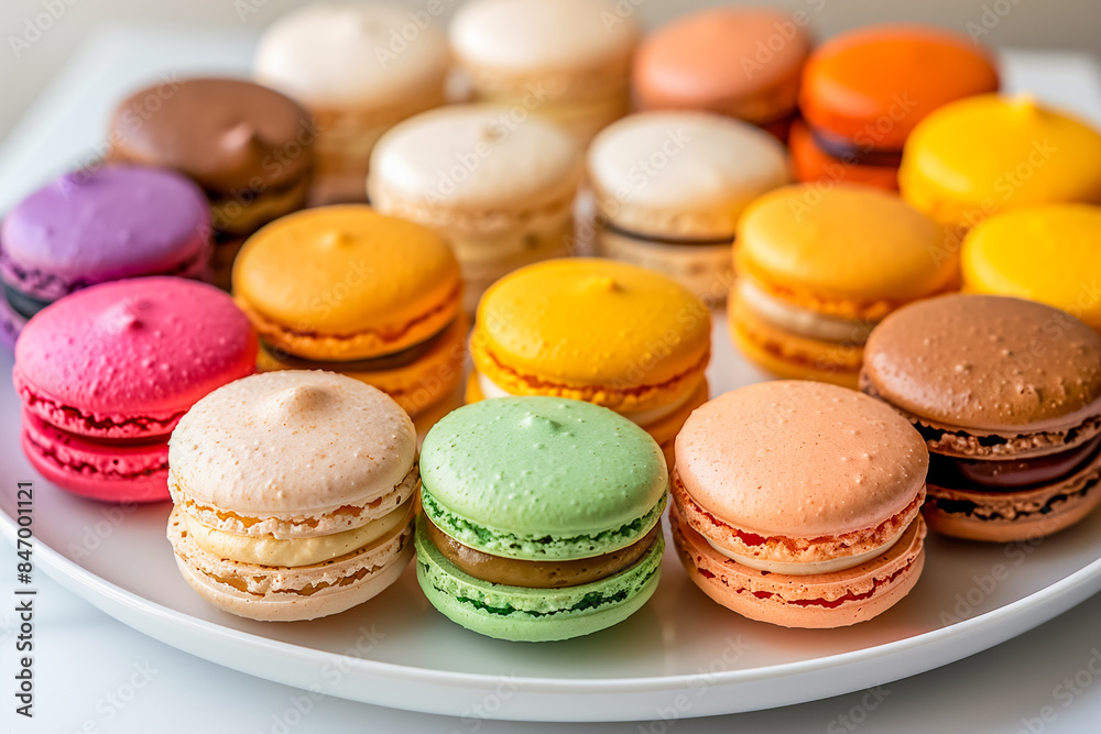 Colorful macarons arranged neatly on a white plate Colorful macarons arranged neatly on a white plate