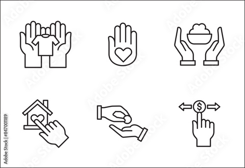Donation and charity icon set. Clothe, home and food donation icons set. Fund donate sign. Volunteer symbol. Vector stock icons collection in thin line style design.