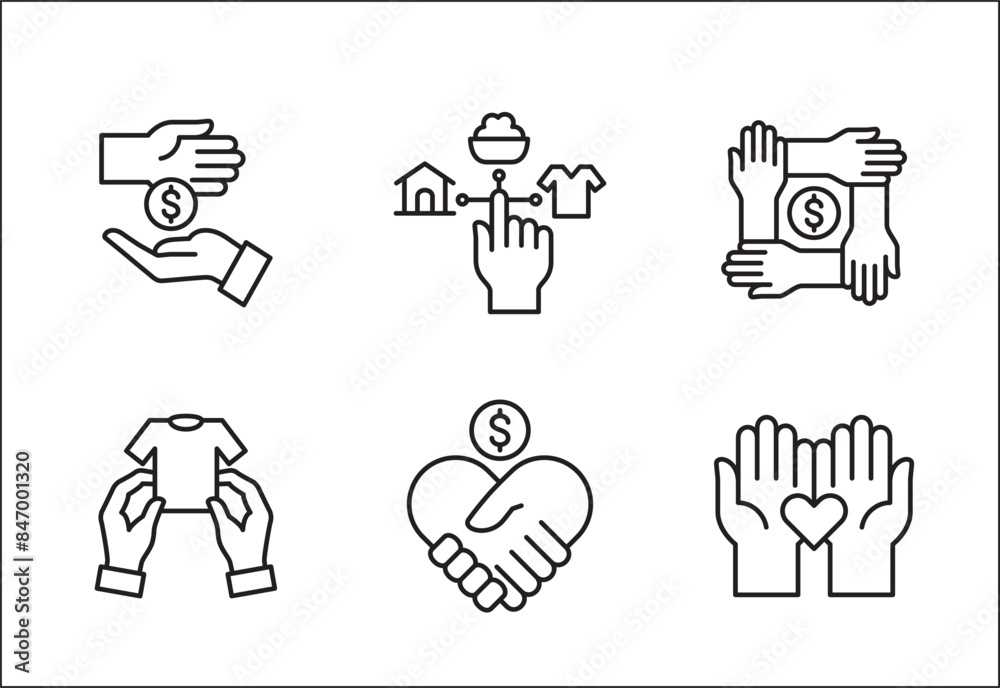 Donation and charity icon set. Clothe, home and food donation icons set. Fund donate sign. Volunteer symbol. Vector stock icons collection in thin line style design. Donation and charity icon set. Clothe, home and food donation icons set. Fund donate sign. Volunteer symbol. Vector stock icons collection in thin line style design.