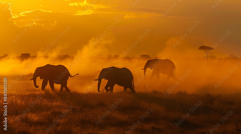 Fototapeta premium Sunset Majesty: elephants in the savannah.
