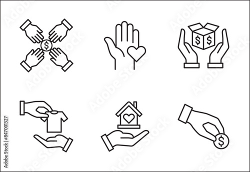 Donation and charity icon set. Clothe, home and food donation icons set. Fund donate sign. Volunteer symbol. Vector stock icons collection in thin line style design.