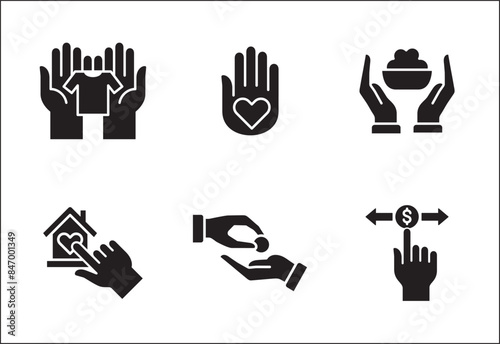 Donation and charity icon set. Clothe, home and food donation icons set. Fund donate sign. Volunteer symbol. Vector stock icons collection in flat solid style design.