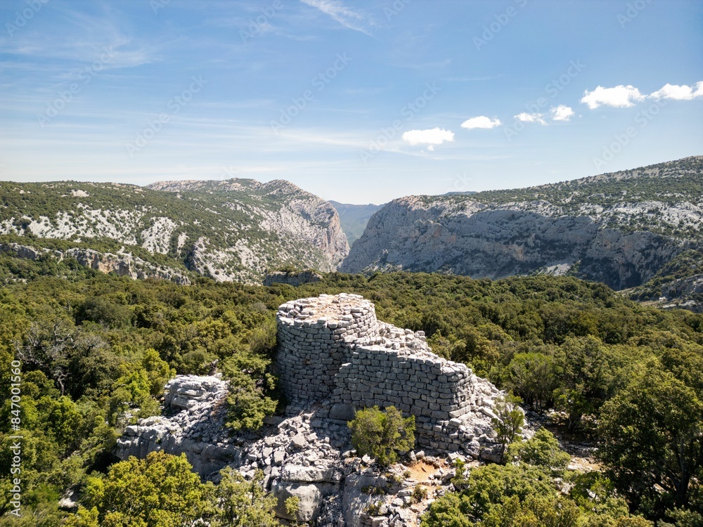 Obraz premium View of Nuraghe Mannu, an ancient stone structure amidst lush greenery and mountains
