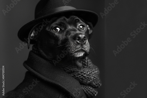 dog smoyed based on man in black. make dogs apearance as a privat detective. photo