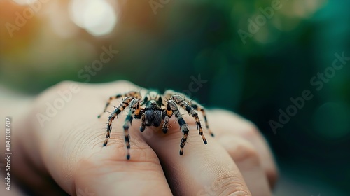 Spider is sitting on persons hand with blurry background : Generative AI
