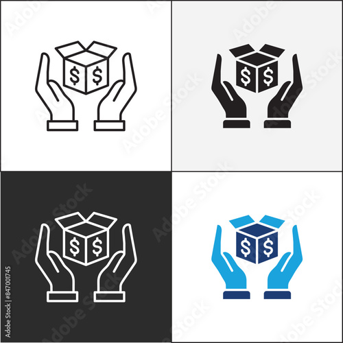Donation icon. Charity icons. Money donate icon. Funding and philanthropy symbol. Give money sign. Vector stock icons collection in thin line and flat colors style design.