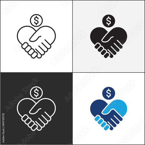 Donation icon. Charity icons. Money donate icon. Funding and philanthropy symbol. Give money sign. Vector stock icons collection in thin line and flat colors style design.