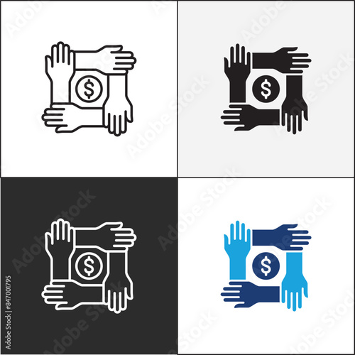 Donation icon. Charity icons. Money donate icon. Funding and philanthropy symbol. Give money sign. Vector stock icons collection in thin line and flat colors style design.