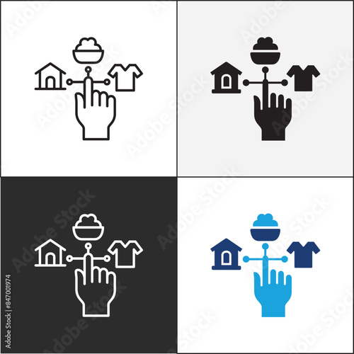 Donation icon. Charity icons. Food donation icon. Clothes and home aid symbol. Vector stock icons collection in thin line and flat colors style design.