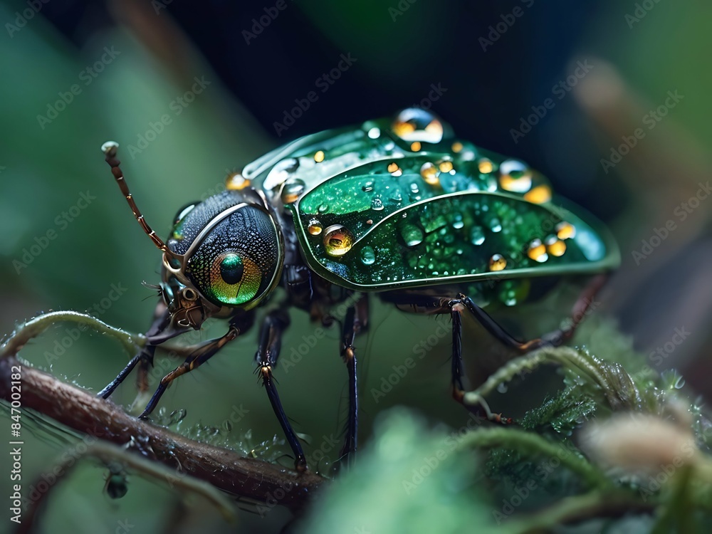 Naklejka premium Captivating macro photography of a dew-covered insect, perfect for wallpaper.