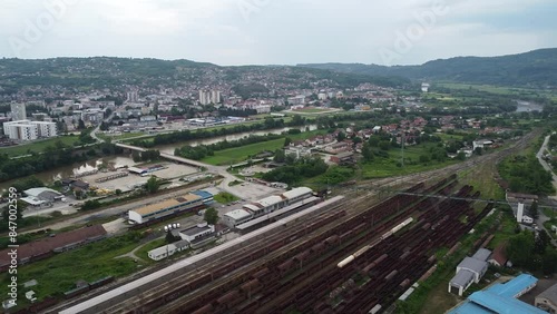 Drone shot of train station and freight yard of Doboj, Bosnia