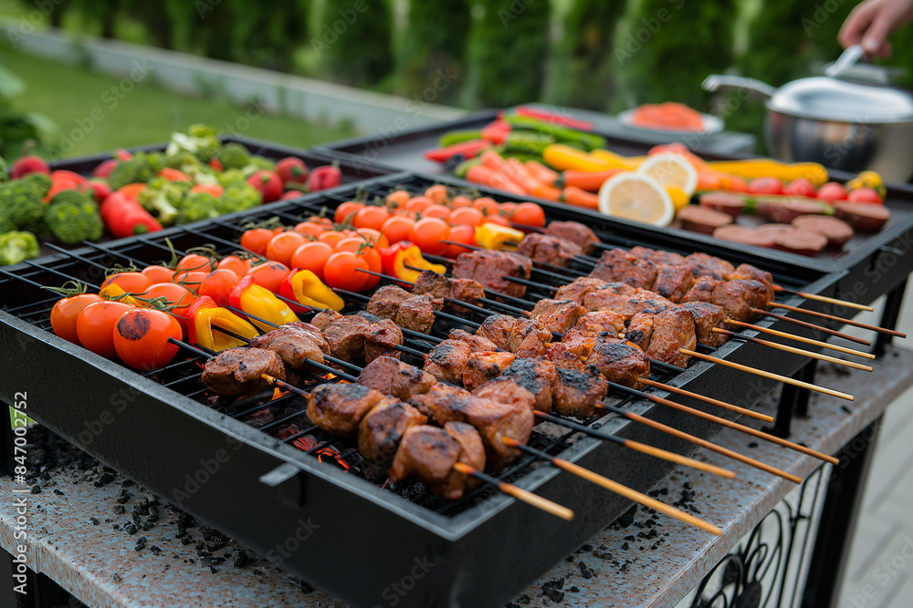SQUARE NEW barbecue pit on the backyard. Meat and vegetable cooking on the grill. Focus on the food. Some people in the background SQUARE NEW barbecue pit on the backyard. Meat and vegetable cooking on the grill. Focus on the food. Some people in the background