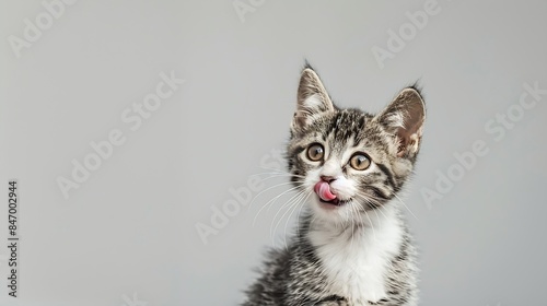 studio portrait of gray and white tabby kitten looking forward sticking tongue out against a light gray background : Generative AI