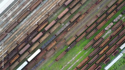Drone shot of train station and freight yard of Doboj, Bosnia