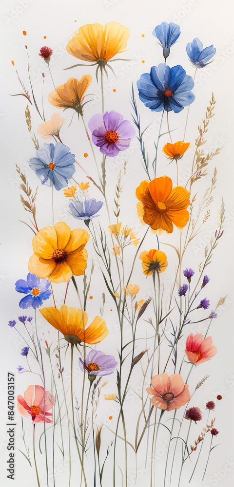 Naklejka premium Illustration, different garden flowers on a white background.