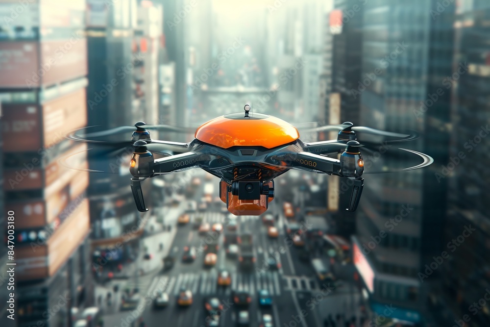 Orange drone flying over a busy city street with tall skyscrapers on a foggy day. Capturing urban life from a unique aerial view. Perfect for tech, innovation, and cityscape themes. Generative AI Orange drone flying over a busy city street with tall skyscrapers on a foggy day. Capturing urban life from a unique aerial view. Perfect for tech, innovation, and cityscape themes. Generative AI