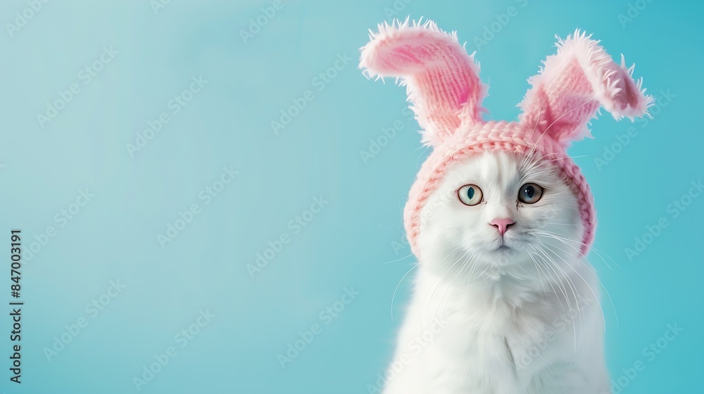 Obraz premium Portrait of cute white cat in hat with bunny ears on blue background : Generative AI