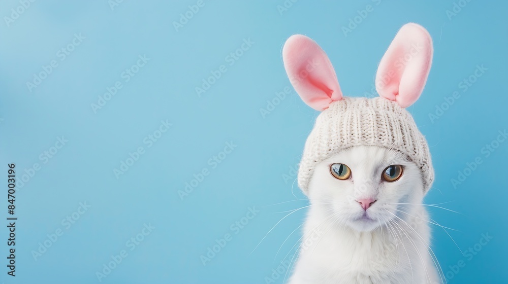 Funny white cat in hat with bunny ears on blue background : Generative AI Funny white cat in hat with bunny ears on blue background : Generative AI
