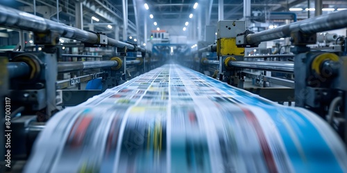 Offset printing press in operation producing colorful newspapers. Concept Offset printing, Colorful newspapers, Printing process, Press machinery, Newspaper production photo