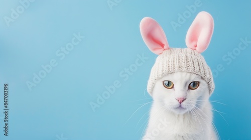Funny white cat in hat with bunny ears on blue background : Generative AI © The Little Hut