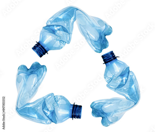 Sign of reduce symbol icon made from 3 crushed pet bottles, reduce reuse recycle for environmental sustainability concept. 