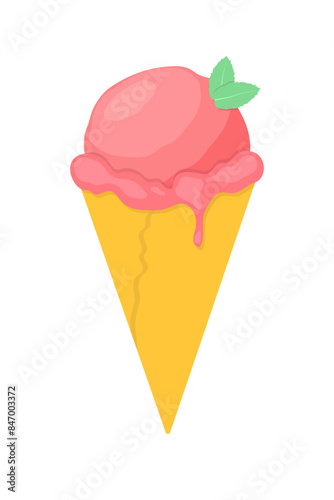 ice cream cone with pink ice cream and mint on top. Tasty summer food. Vector  flat illustration on white background