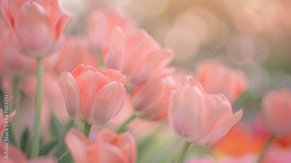 Tulip flowers in shades of pink blossom with a pastel coral hue in a blurred background showcasing fresh spring blooms in the garden Tulip flowers in shades of pink blossom with a pastel coral hue in a blurred background showcasing fresh spring blooms in the garden