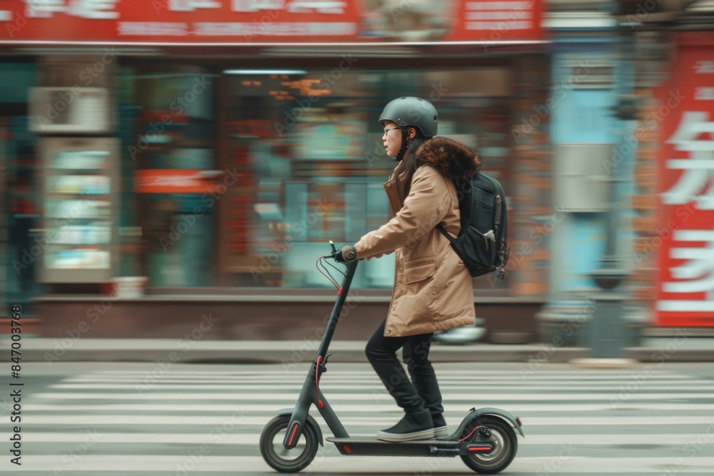 Obraz premium Stylish person riding an electric scooter across a crosswalk in the city with motion blur