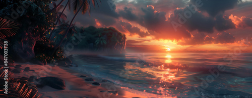 concept art of sunset on tropical beach photo