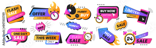 Last time offer badges. Vector set sale promo stickers with alarm clock, calendar, countdown timer and megaphone. Hot sales, special deal, only this week and hurry to buy icons. Discount labels shop.