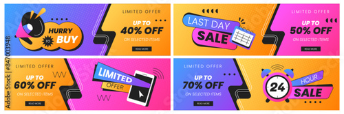 Set banners of last time offer, hurry to buy and hot sales. Sale promo flyers with alarm clock, calendar and megaphone. Only now discount promotion poster template for advertisement or online shopping