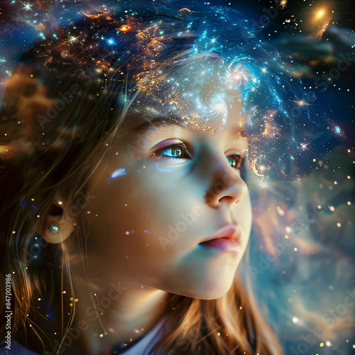Portrait of little girl dreaming of seeing space and galaxies, as reflection of child mental health.Magic of traveling in Galaxy.Selective focus.Closeup.Square.Generative AI.