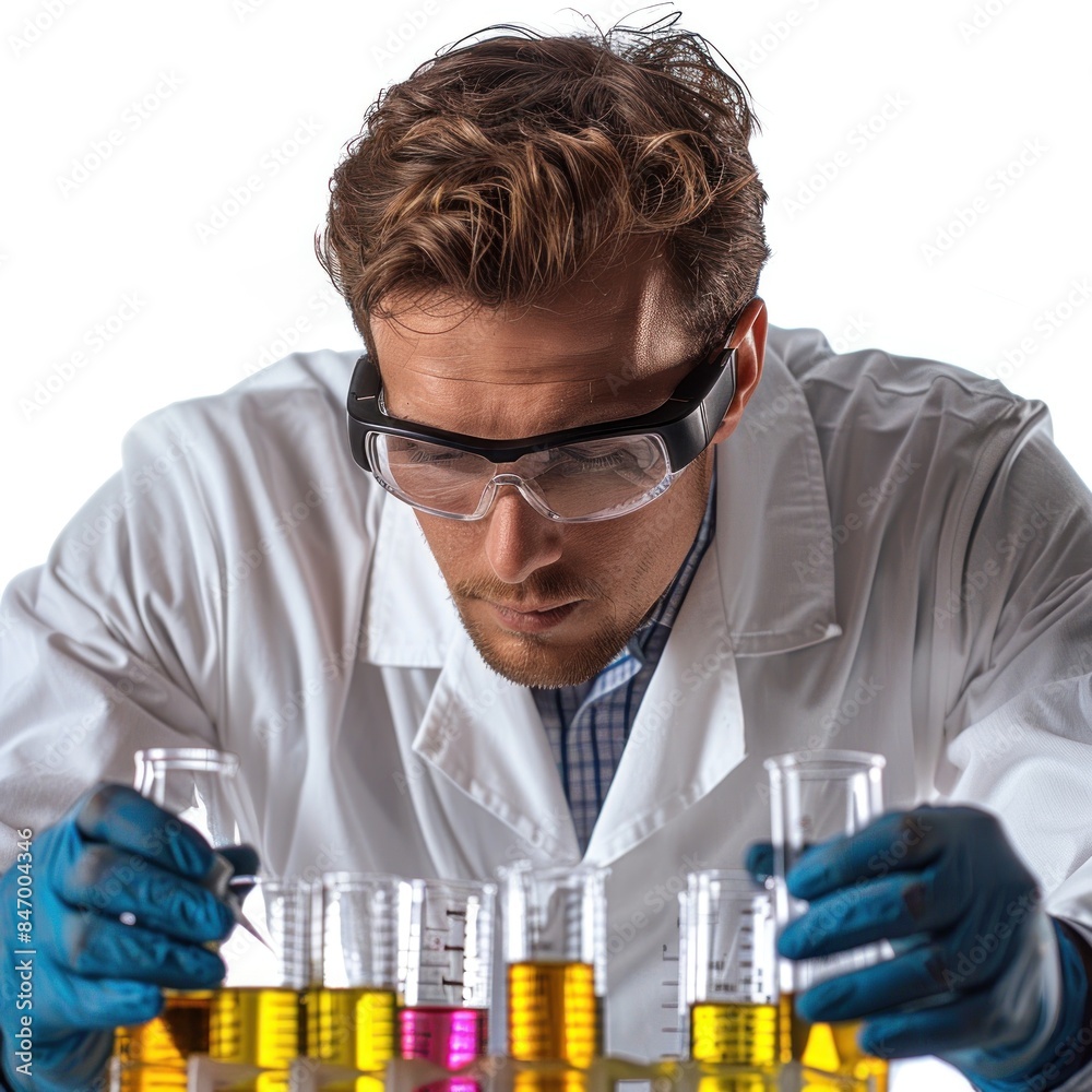 A man conducting an experiment in a lab, scientist theme, precise realism, isolated on a white background A man conducting an experiment in a lab, scientist theme, precise realism, isolated on a white background