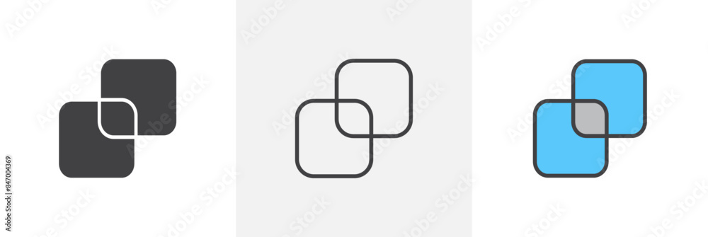 Overlapping area icon set. Intersection vector symbol. Common region icon. Overlapping area icon set. Intersection vector symbol. Common region icon.