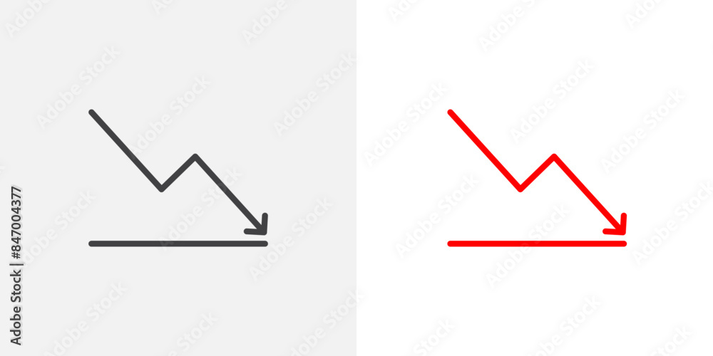 Down arrow icon set. Trend decrease vector symbol. Drop chart sign.