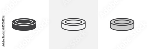 Hockey puck icon set. Rubber puck vector symbol. Ice hockey sign.
