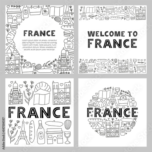Set of posters with lettering and doodle outline France landmarks and attractions isolated on white backgrounds. Travel concept backgrounds.