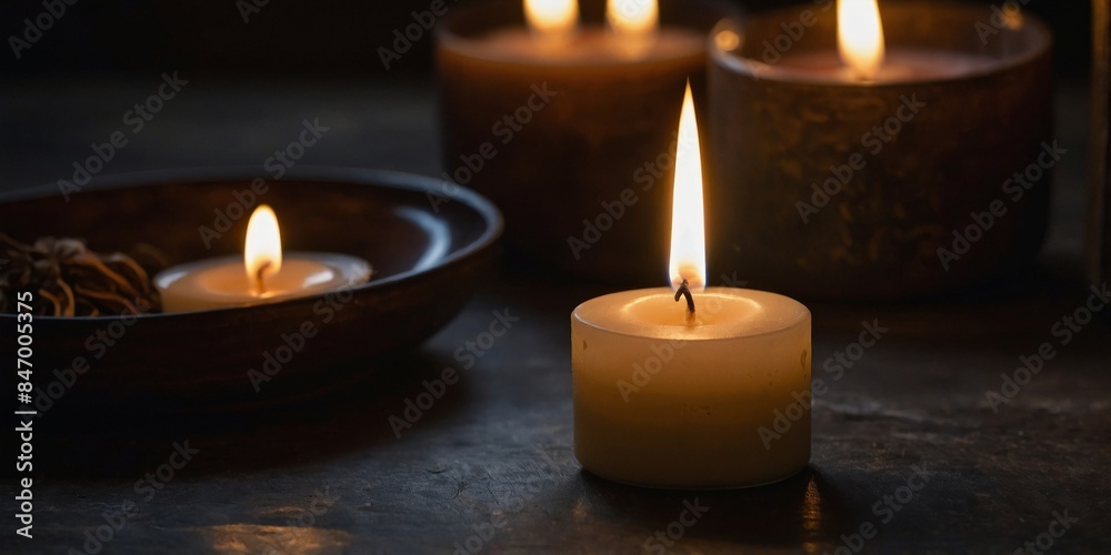 Three lit candles provide a warm, inviting light, reflecting a sense of peace and meditation in a dark, serene setting Three lit candles provide a warm, inviting light, reflecting a sense of peace and meditation in a dark, serene setting