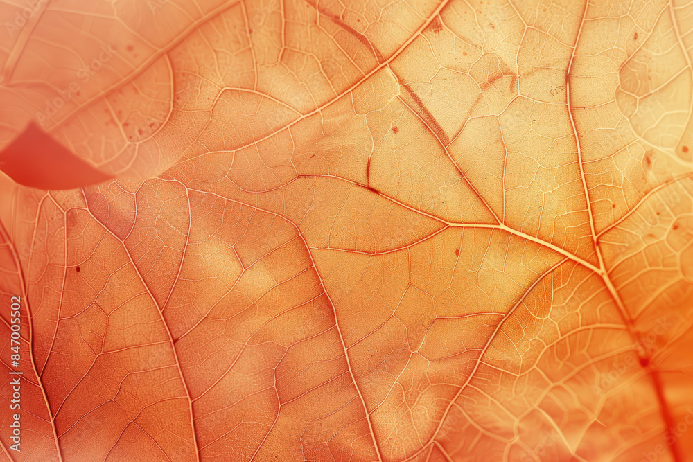 Obraz premium A closeup of the texture and pattern on an autumn leaf, with soft lighting highlighting its intricate veins in shades of orange and red. Created with Ai