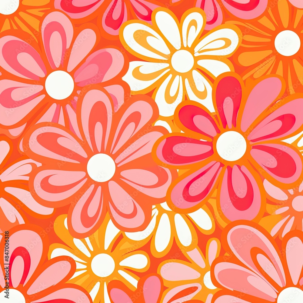 Vibrant 70s Floral Pattern with Orange and Pink Blooms Vibrant 70s Floral Pattern with Orange and Pink Blooms