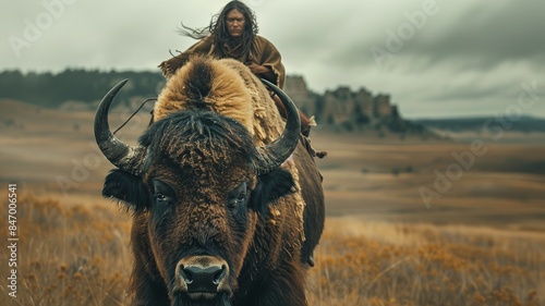 This image captures a professional photo of a person mounted on a buffalo, highlighting the unique and powerful connection between human and animal