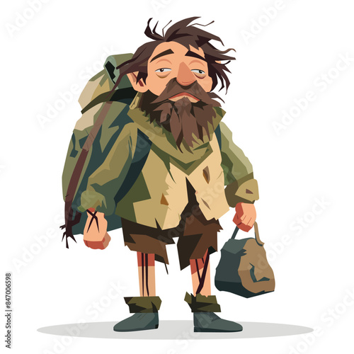 Cartoon male hiker, beard, ragged clothes, tired expression, carrying backpack bag. Illustrated weary traveler, outdoor adventure theme, heavy load. Homeless man vector, disheveled appearance