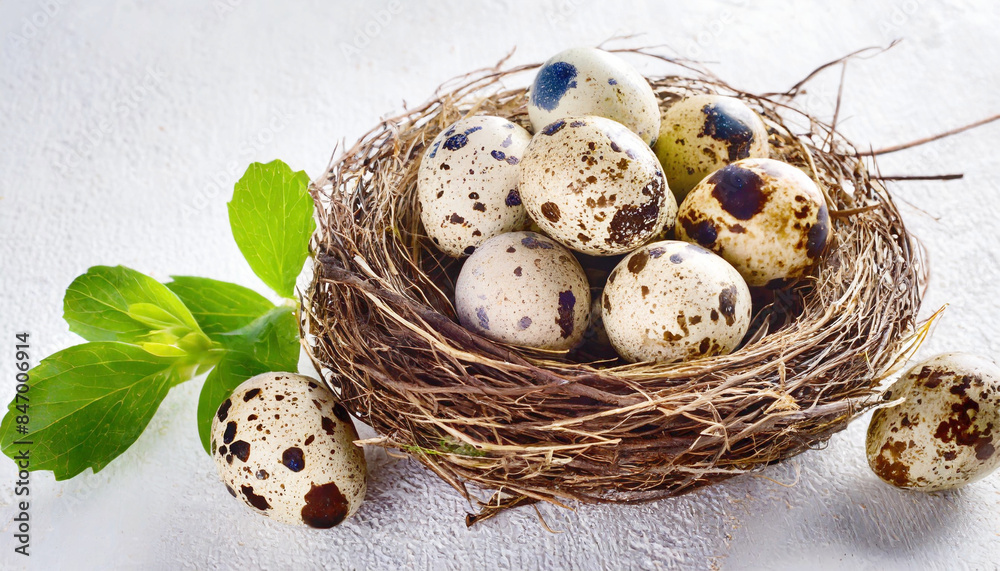 Nest with quail eggs, on a white background. Nest with quail eggs, on a white background.