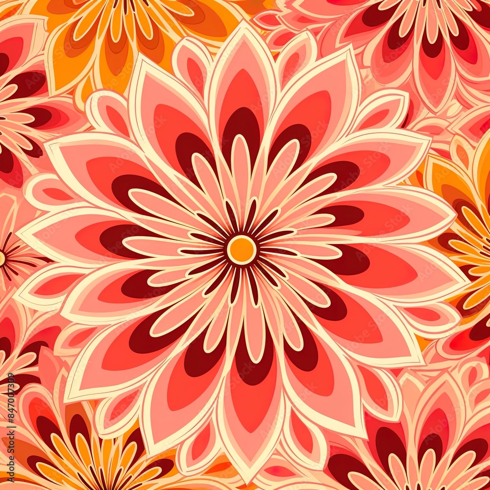 Fototapeta premium 60s/70s pink orange hippy pattern with flowers