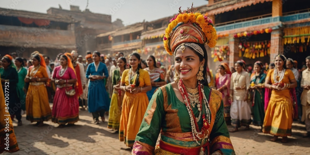 Fototapeta premium A dancer showcasing a colorful traditional Indian costume during a cultural festival