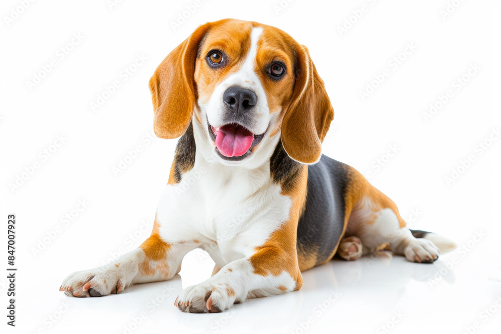 A delightful Beagle dog is serenely laying on a white surface, appearing calm and content A delightful Beagle dog is serenely laying on a white surface, appearing calm and content