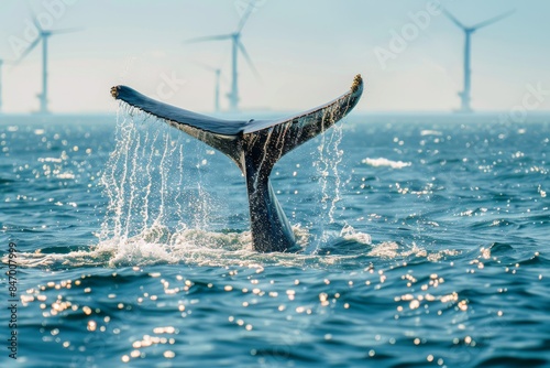 whale tail emerges gracefully from the ocean waters, with wind turbines visible in the background, symbolizing the balance between marine ecosystems and renewable energy. photo