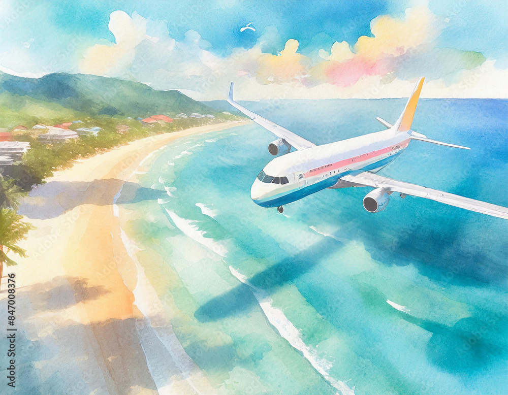 Airplane and tropical beach Airplane and tropical beach